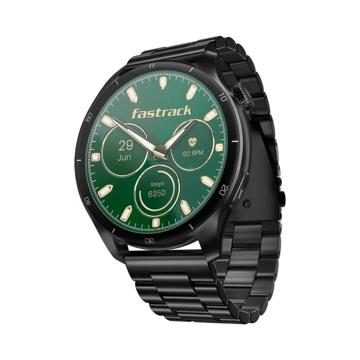 Black Fastrack smartwatch with round case, green AMOLED display, metal link band.